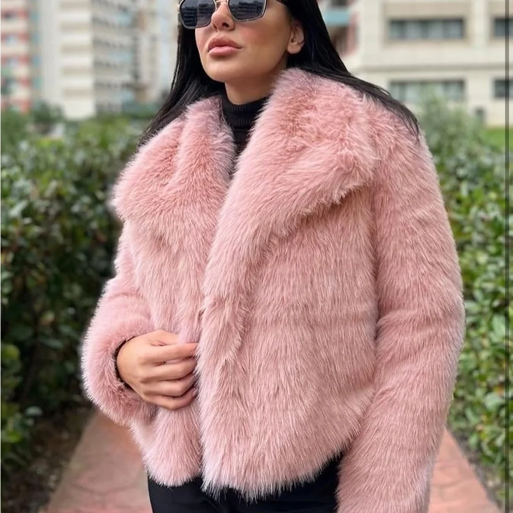 Women's Pink Faux Fur Jacket shaggy faux fur coat_4